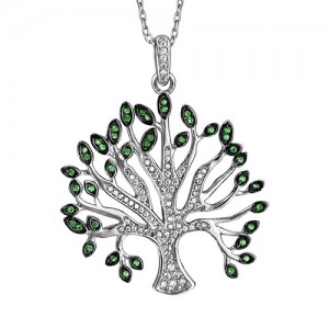 Collier Argent Arbre de vie Oxydes verts et Blancs