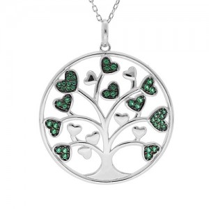 Collier Argent Arbre de vie feuilles coeurs oxydes