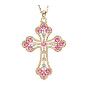 Collier plaqué Or Croix oxydes roses