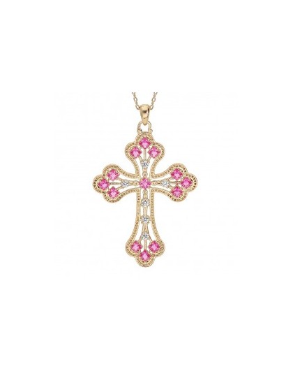 Collier plaqué Or Croix oxydes roses