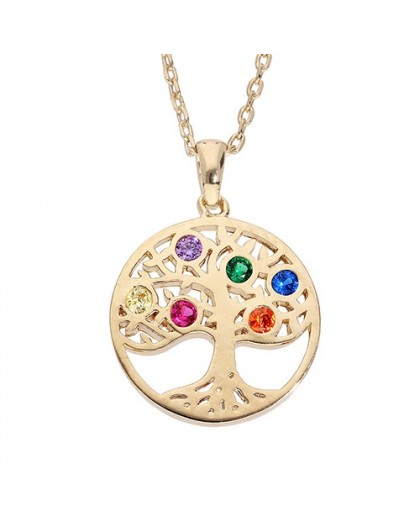 Collier plaqué Or motif arbre de vie strass coloré