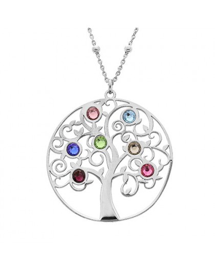 Collier argent Arbre de vie strass couleurs