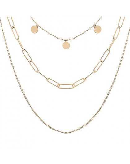Collier acier doré 3 rangs mailles différentes