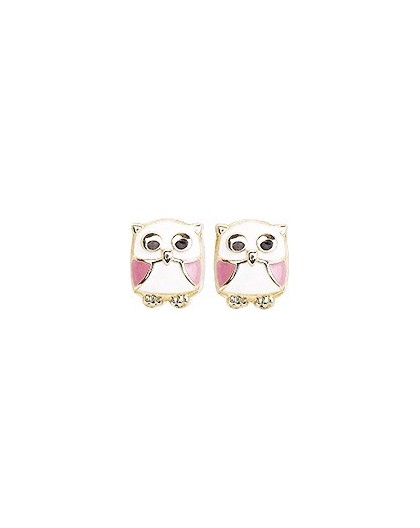Boucles d'oreilles Or fermoir vis Chouette laque