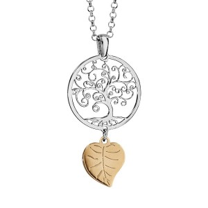 Collier argent Arbre de vie dentelle et feuille dorée