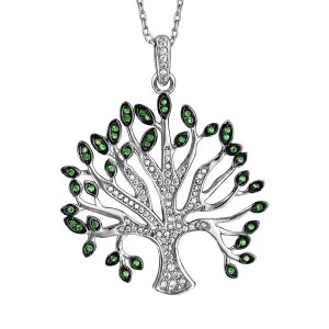 Collier argent Arbre de vie oxydes verts et blancs