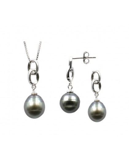 Parure Collier Boucles Perles de Tahiti argent