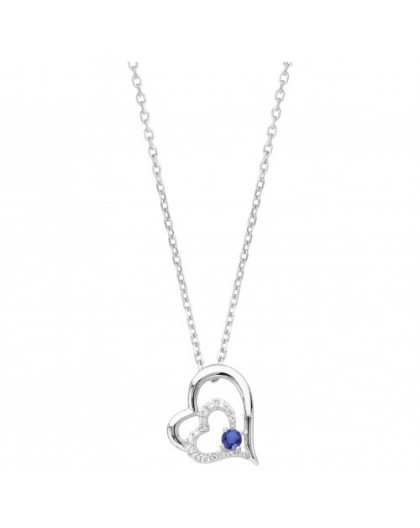 Collier argent oxyde Zirconium bleu coeur double