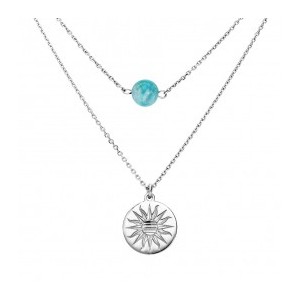 Collier Argent double rang boule bleue et médaille