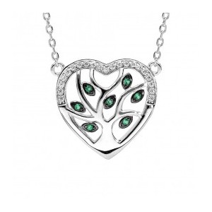 Collier Argent Arbre de vie coeur oxydes verts