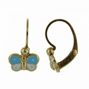 Boucles oreilles Or dormeuses papillon laque bleue