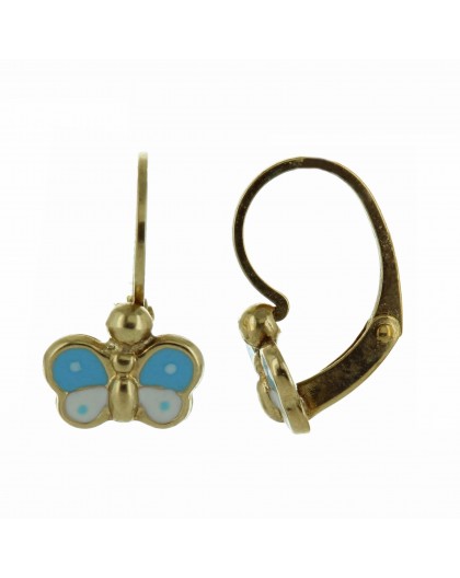 Boucles oreilles Or dormeuses papillon laque bleue